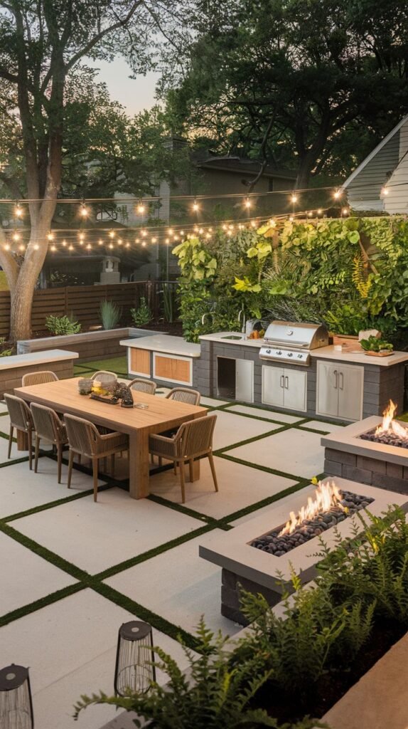 A backyard patio with a built-in grill area, a dining table, and a long fire pit, paved with concrete squares and grass strips, and illuminated by string lights.