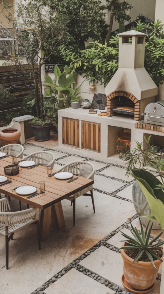 An outdoor kitchen on a patio with a grill and a pizza oven built into a structure with stone and wood accents, alongside a dining table and chairs.
