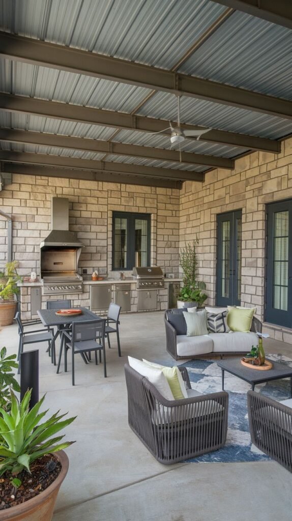 A covered patio with an outdoor kitchen area built against a brick wall, featuring a stainless steel grill and cabinets, and separate dining and seating areas.