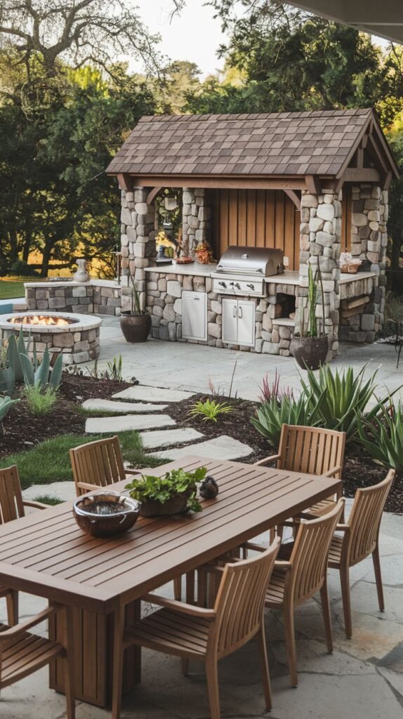 An outdoor kitchen structure made of stone with a wooden roof, containing a built-in grill and cabinets, situated near a fire pit and a large wooden dining table.