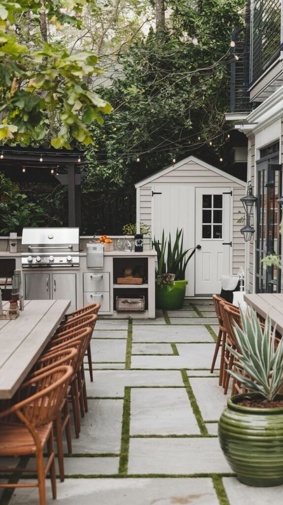 A backyard patio with an outdoor kitchen featuring a stainless steel grill and cabinets, located next to a white shed and multiple dining tables.
