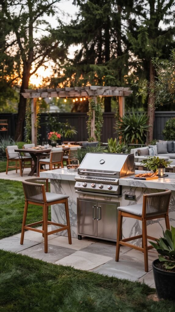 An outdoor kitchen island with a marble countertop and a stainless steel grill and cabinets, with bar stools, a dining area under a pergola, and a seating area in the background.