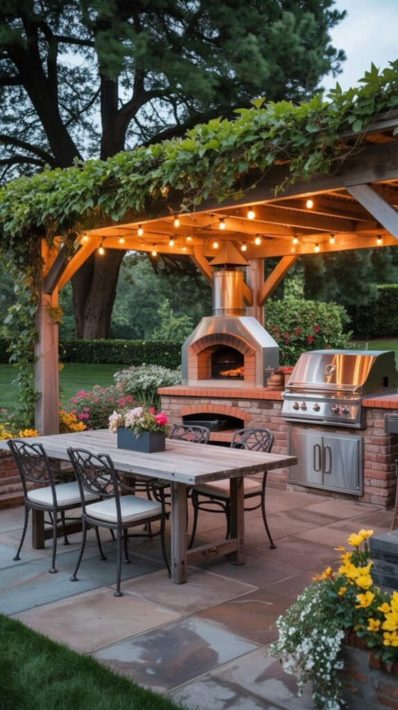 An outdoor kitchen area under a vine-covered pergola with string lights, featuring a brick structure with a pizza oven and a stainless steel grill and cabinets, adjacent to a dining table.