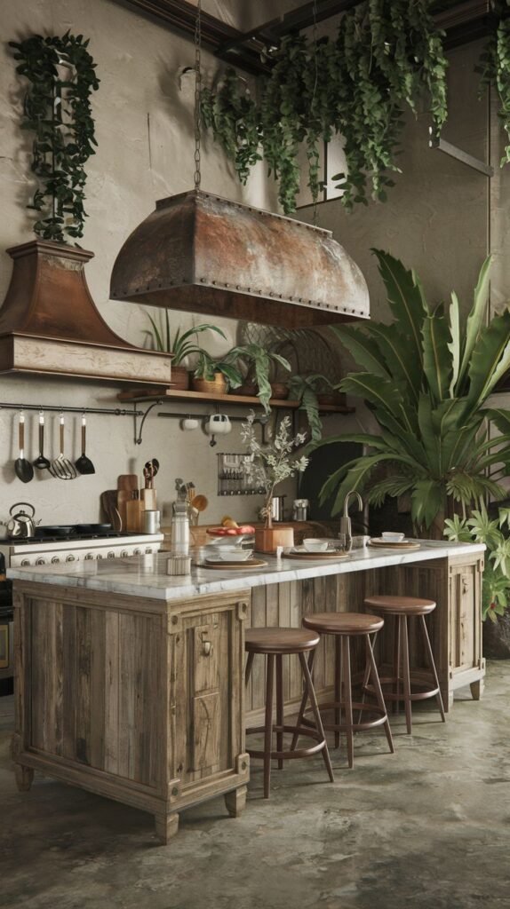 An elegant, boho kitchen with a rustic wooden island topped with marble, wooden bar stools, abundant hanging plants, and a large industrial metal range hood.