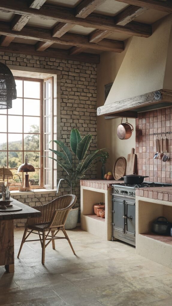 An elegant, boho kitchen with a large window offering a view, exposed brick, a range cooker with a tiled backsplash and concrete countertop, plants, a wicker chair, and wooden ceiling beams.