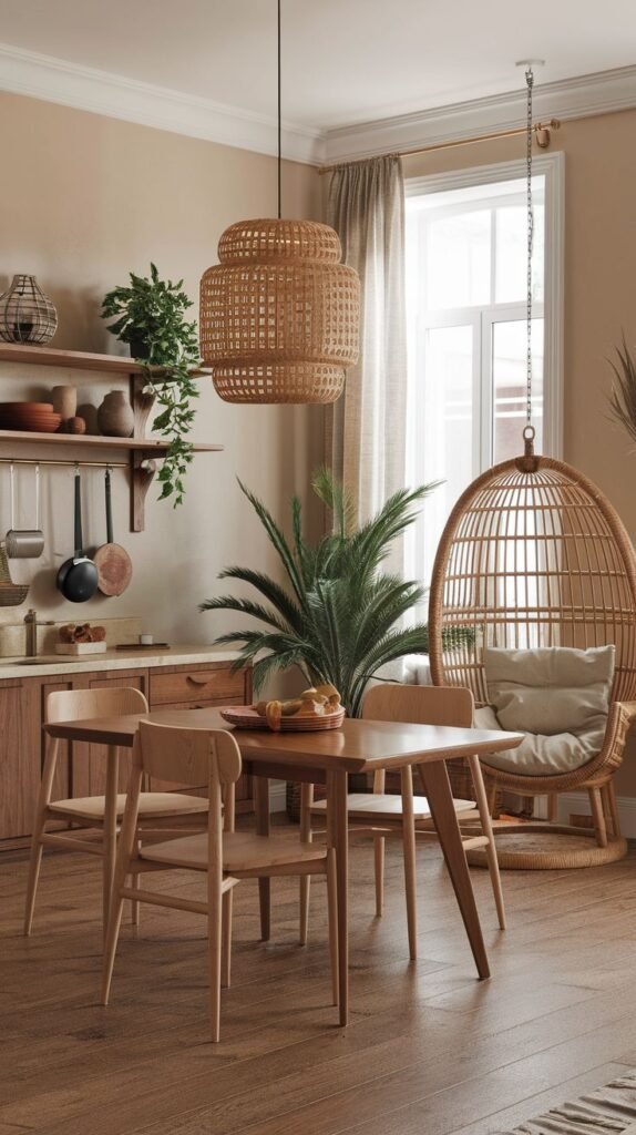 An elegant, boho kitchen and dining area with a wooden floor, a dining table and chairs, a hanging rattan chair, a large woven pendant light, and shelves adorned with plants and decorative items.