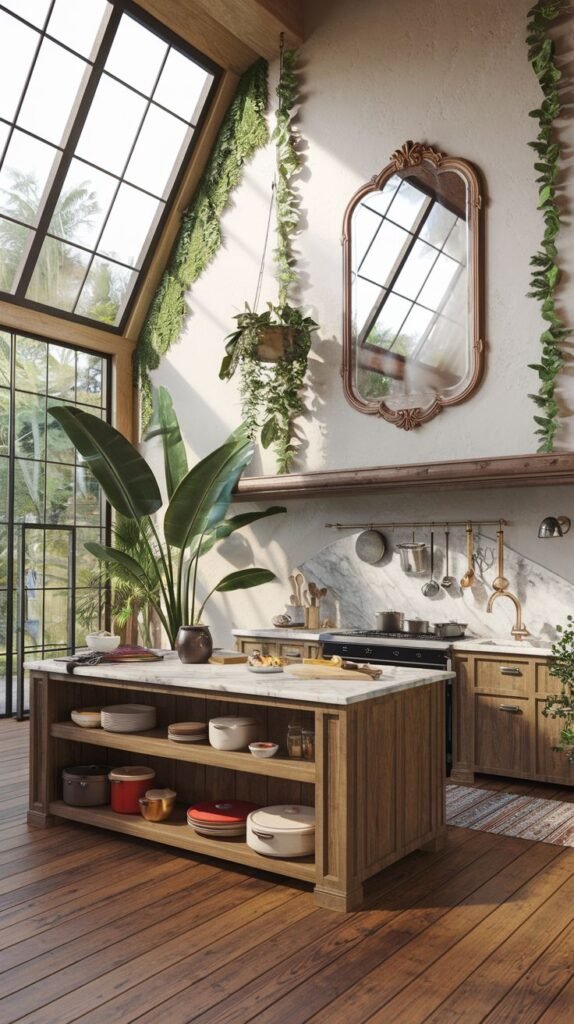 An elegant, boho kitchen featuring a very high ceiling with wooden beams, a dramatic angled window, a large kitchen island with open shelving, a range cooker with a marble backsplash, and abundant plants including hanging ones and a large potted plant, with a decorative mirror on the wall.