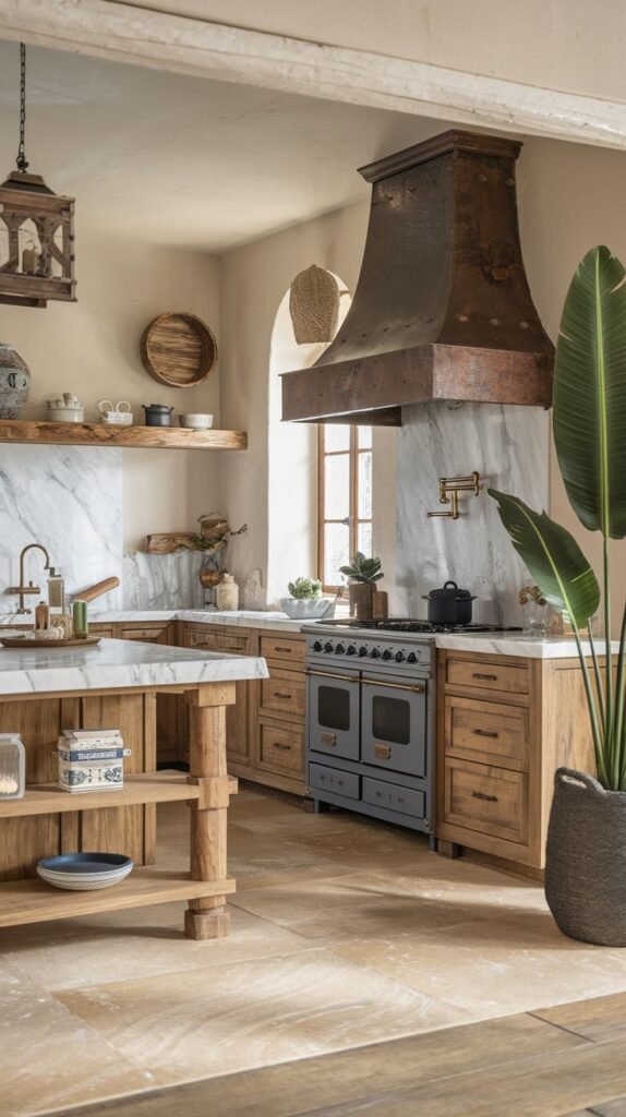 An elegant, boho kitchen with a wooden island featuring open shelving, a range cooker, a marble backsplash, open shelves with decor, various plants, and a large, imposing copper range hood.