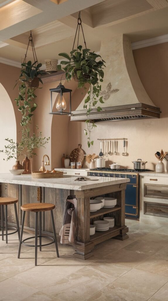 An elegant, boho kitchen with arched architectural details, a wooden island with open shelving and a marble top, bar stools, a blue range cooker, hanging plants, a geometric hanging light fixture, and a large range hood.