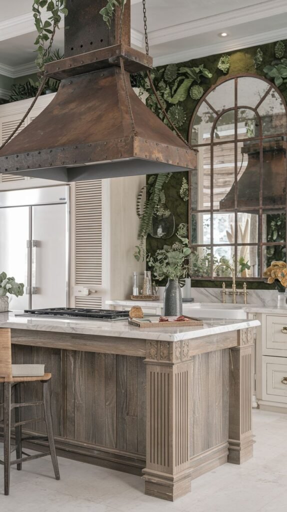 An elegant, boho kitchen featuring a wooden island with a marble countertop, a bar stool, a very large metal range hood, a striking green botanical wallpaper, and a large arched mirror reflecting an outdoor scene.