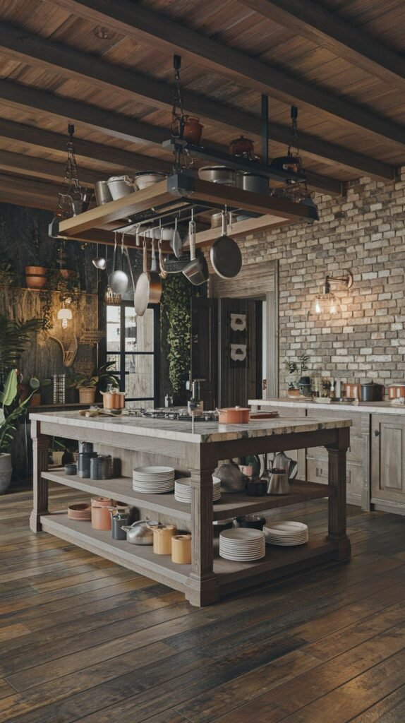 An elegant, boho kitchen with a wooden beamed ceiling, exposed brick walls, a large island with open shelves and a marble top, a hanging pot rack, numerous plants, and string lights contributing to the ambiance.