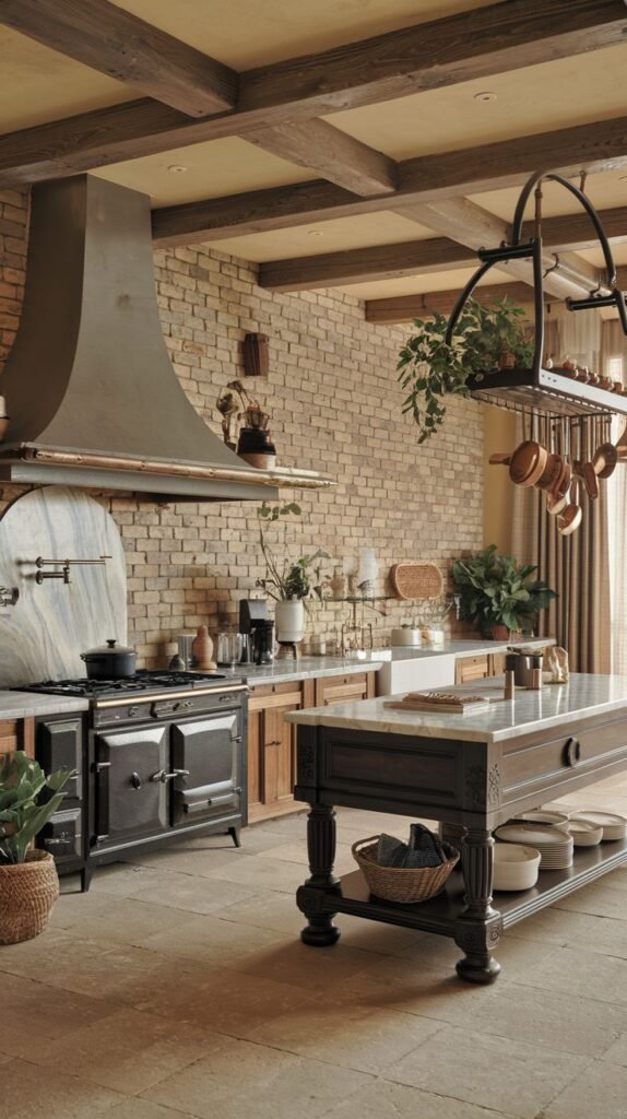 An elegant, boho kitchen featuring a brick wall, wooden ceiling beams, a large black range cooker, a marble backsplash and countertop, a large copper range hood, a wooden island, a hanging pot rack with copper pots, and plants.
