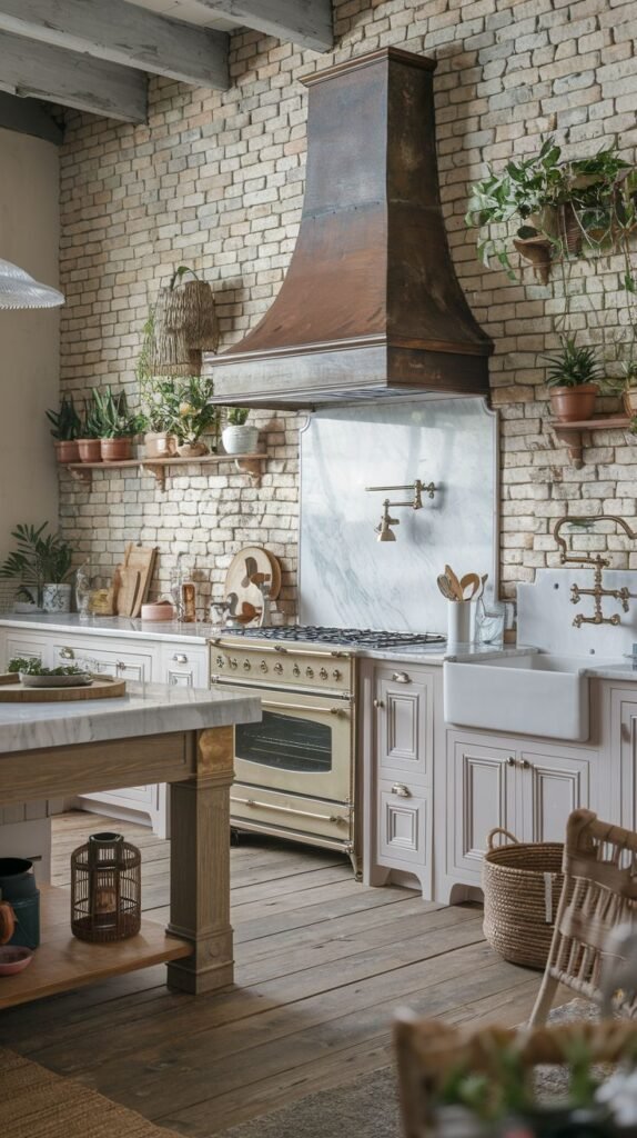 An elegant, boho kitchen showing a brick wall, a large copper range hood over a range cooker, plants on shelves, and a farmhouse sink, with a wooden table or island in the foreground.