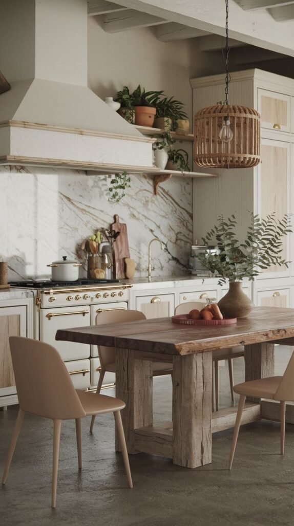An elegant, boho kitchen showcasing a range cooker, a marble backsplash, open shelving with plants and decor, wooden cabinets, a rustic wooden dining table, light-colored chairs, and a hanging cage-style light fixture.