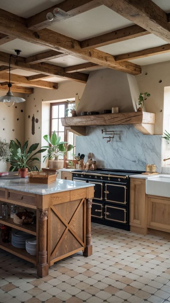 An elegant, boho kitchen featuring wooden ceiling beams, a large black range cooker, a marble backsplash, a large range hood, a wooden island with open shelving, wall-mounted open shelves with decor, a white farmhouse sink, patterned floor tiles, and plants.
