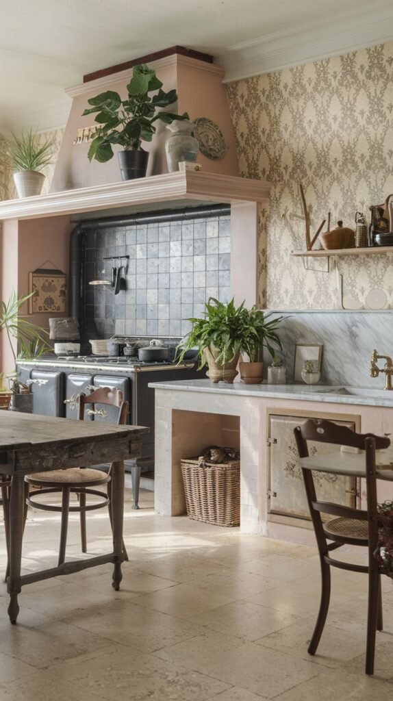 An elegant, boho kitchen featuring a large range cooker with a tiled backsplash, marble countertops, plants, and a dining table with chairs, with a wicker basket visible.