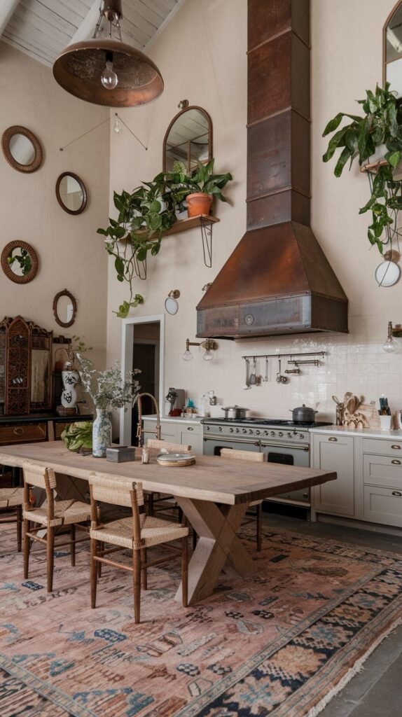 An elegant, boho kitchen and dining area with a large wooden table, woven chairs, a prominent copper range hood, multiple round mirrors, and abundant plants on shelves, anchored by a large patterned rug.