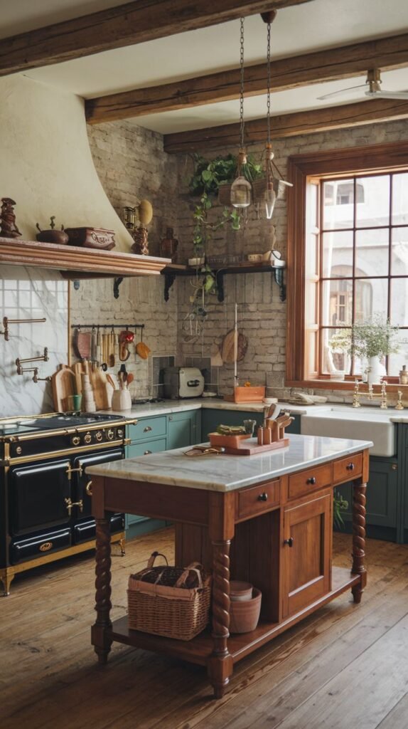 An elegant, boho kitchen showcasing wooden ceiling beams, a brick wall, a black range cooker, a marble-topped island with decorative wooden legs, hanging plants, and open shelves.