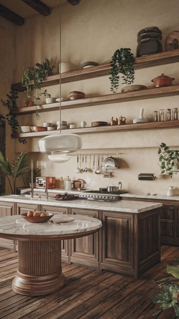 An elegant, boho kitchen space featuring extensive open shelving filled with dishes and plants, a large island with a marble countertop, a round wooden dining table, and additional plants throughout the room.