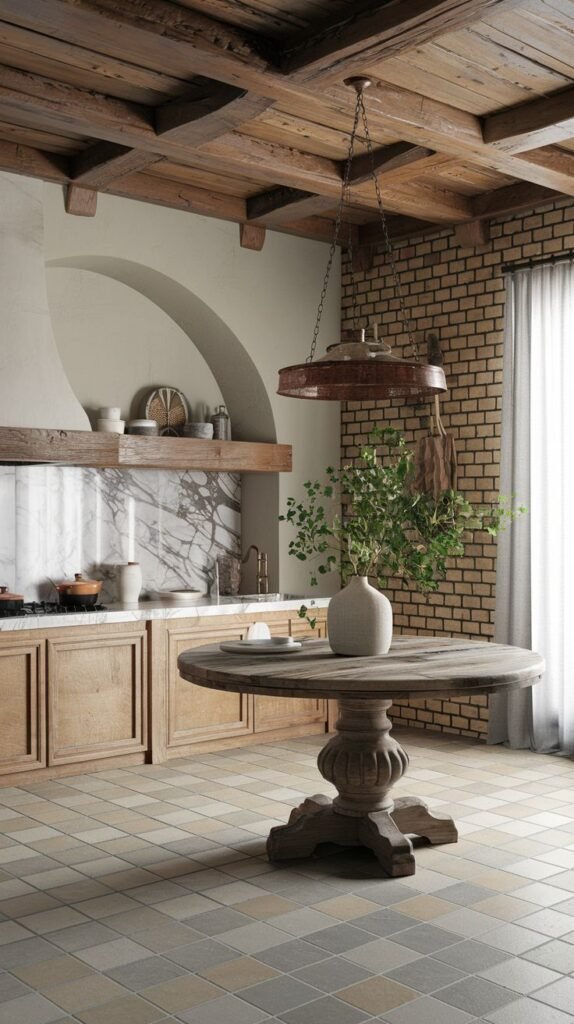 An elegant, boho kitchen with a wooden beamed ceiling, a brick wall, an arched alcove, a marble backsplash and counter, a round wooden dining table, and patterned checkered floor tiles.