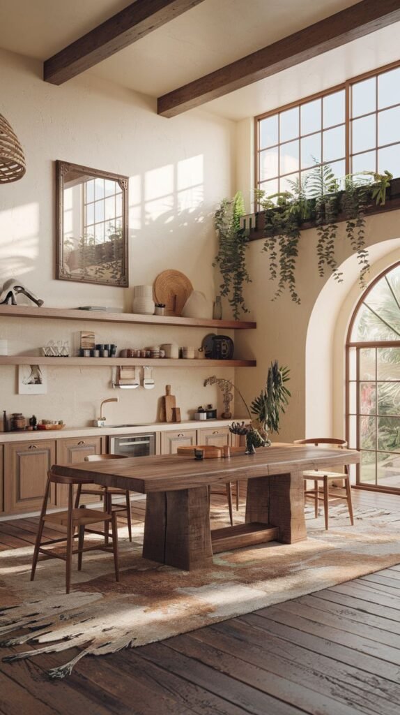 An elegant, boho kitchen and dining area bathed in natural light from large windows, featuring wooden ceiling beams, a long rustic wooden table, wooden chairs, floating shelves with decor and plants, and a large patterned rug.