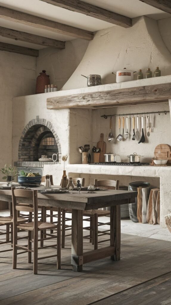 An elegant, boho kitchen built around a large fireplace structure with a brick oven arch, featuring open shelving with cooking utensils, wooden ceiling beams, and a rustic wooden dining table with chairs.