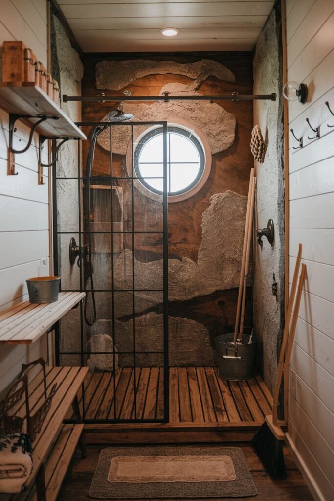 A rustic farmhouse shower with stone-like walls, a unique porthole window, and a slatted wood floor inside, creating an elegant bathroom space.