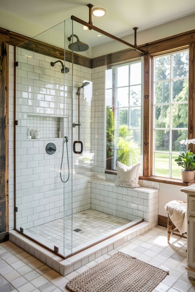 An elegant farmhouse shower with white subway tile walls, a grey square tiled floor, a built-in window seat/bench, and dark bronze fixtures in a bright bathroom.