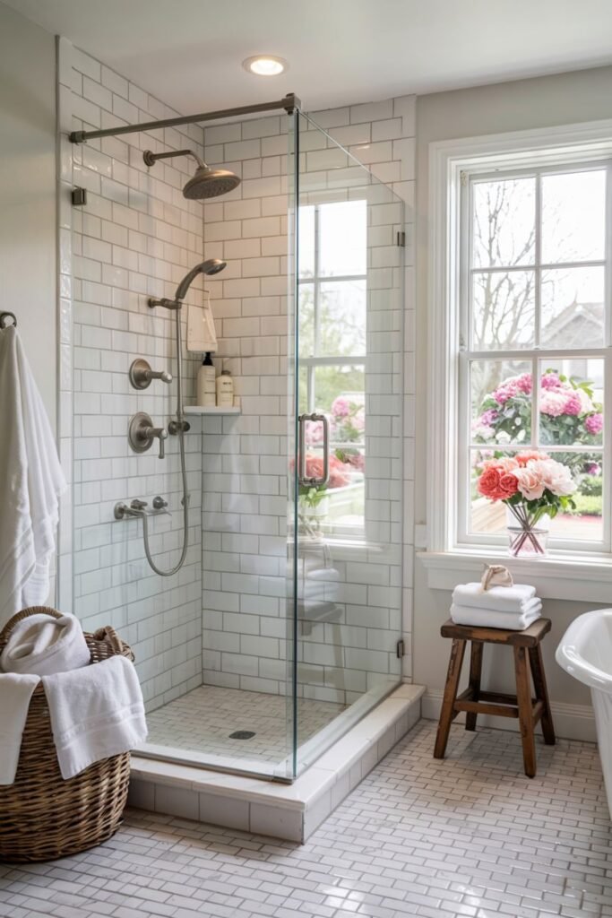 A simple yet elegant farmhouse shower featuring white subway tile, a grey hexagon floor, brushed nickel fixtures, and a window with a scenic view in this inviting bathroom.