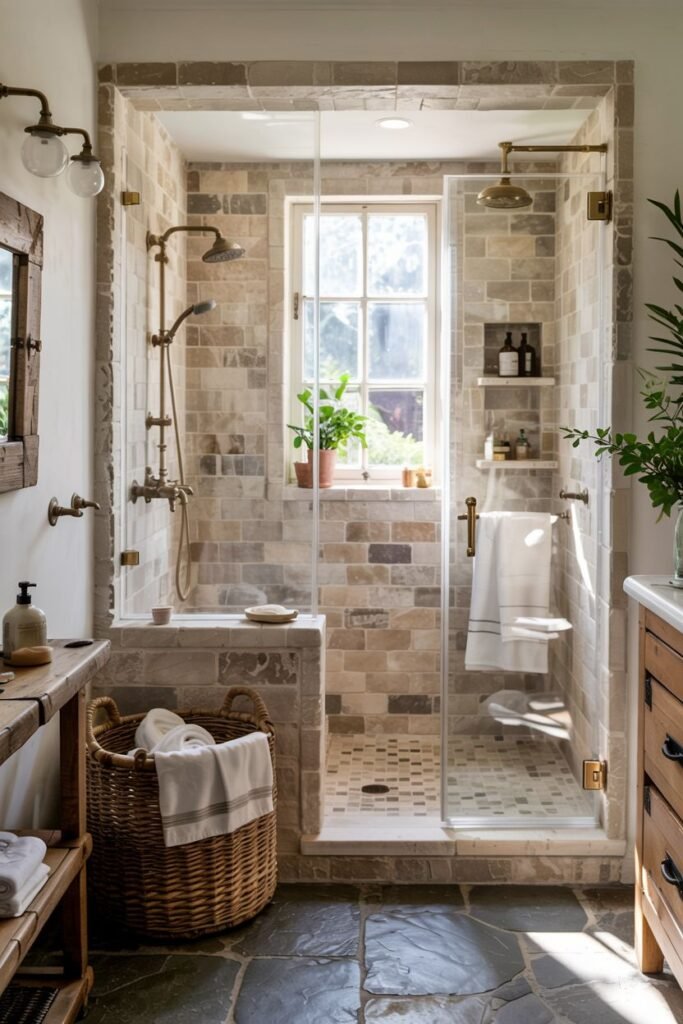 An elegant farmhouse shower with light rectangular stone tiles on the walls and a multi-toned hexagon floor, complemented by brass fixtures and a dark slate bathroom floor outside.
