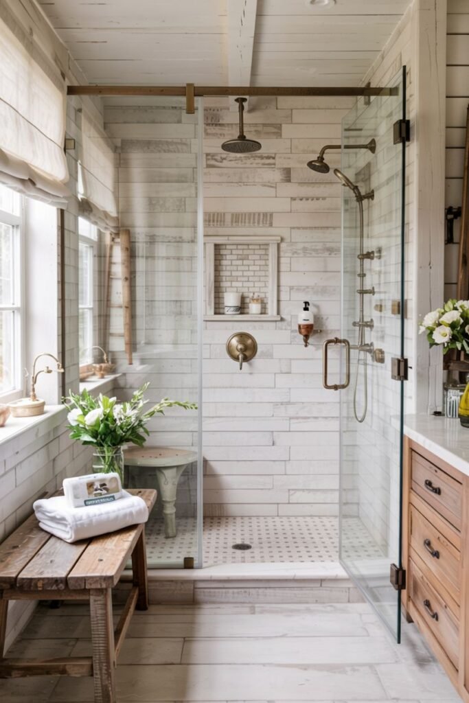 A unique farmhouse bathroom shower with white-washed wood plank walls, a white hexagon floor, and brass hardware, adding an elegant rustic touch.