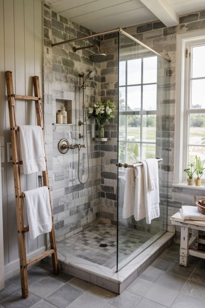 An elegant farmhouse shower featuring grey brick-style tiles and a grey hexagon floor, with brass hardware and a decorative wooden ladder adding to the bathroom style.