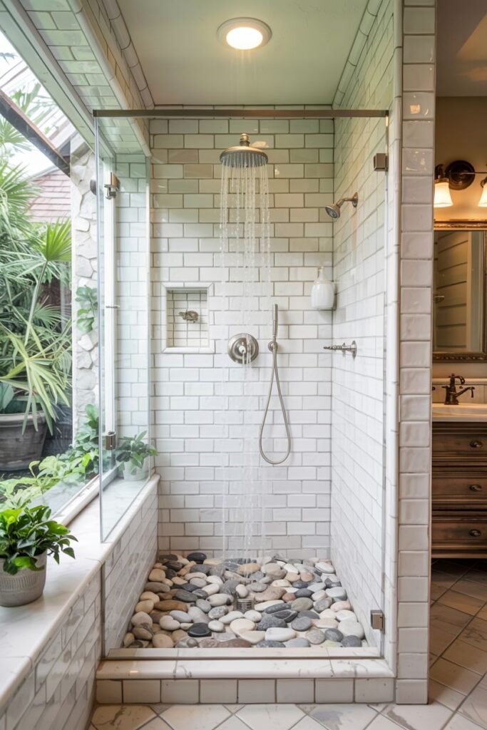 A distinctive elegant farmhouse shower with white subway tile walls, a natural pebble floor, and ample natural light from a large window or skylight area filled with plants, creating a unique bathroom experience.