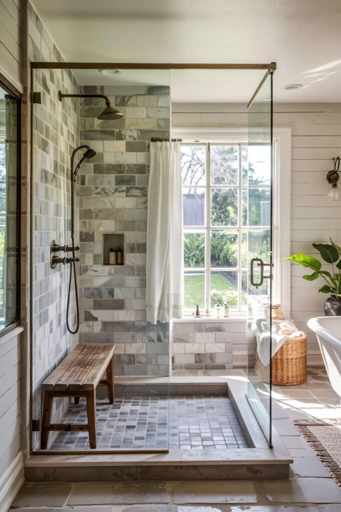 An elegant farmhouse shower with large grey stone-like wall tiles and smaller grey floor tiles, featuring a built-in wood bench and dark bronze fixtures in this bathroom.
