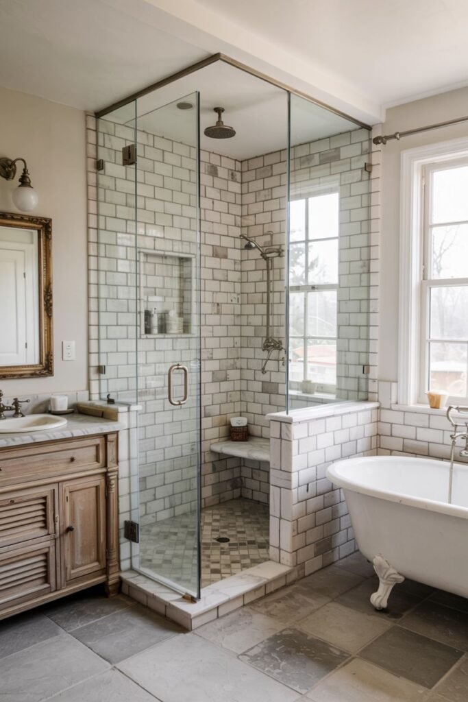 An elegant farmhouse shower with white subway tile walls and a hexagon floor, featuring brass hardware, located next to a classic clawfoot tub in the bathroom.