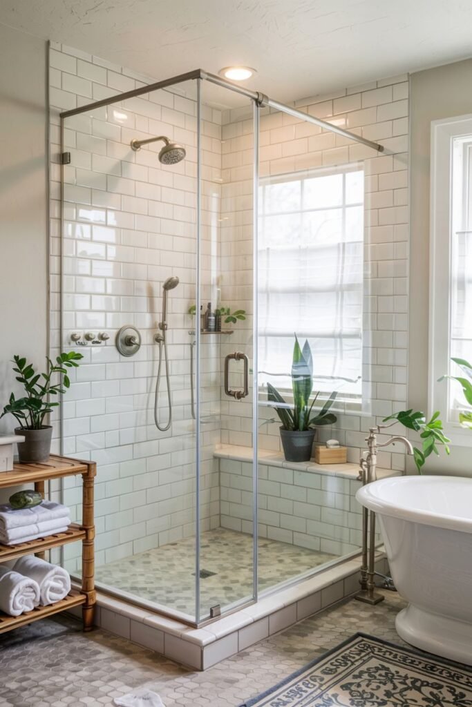 An elegant farmhouse bathroom shower with white subway tile and grey hexagon floor, brushed nickel fixtures, and multiple plants adding life and greenery.