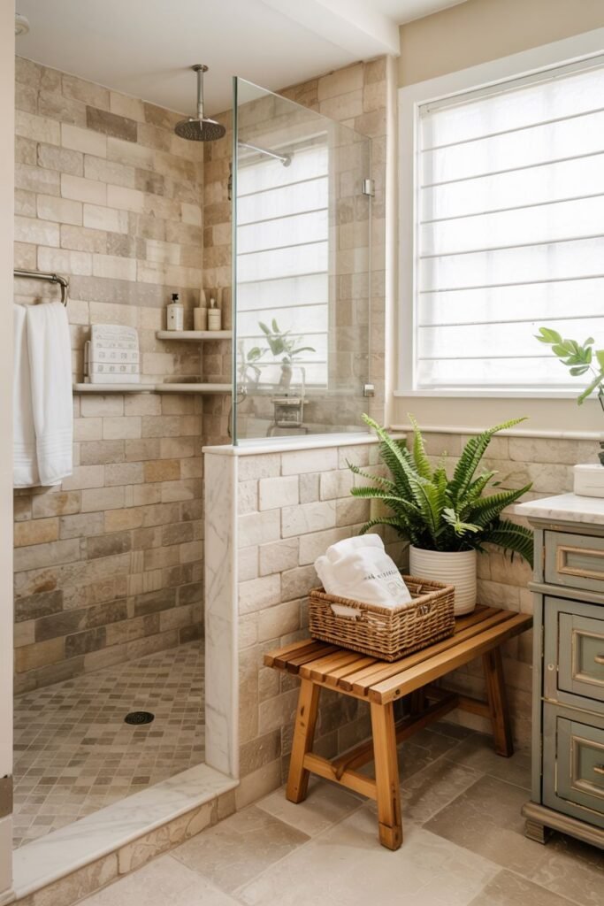 An elegant farmhouse shower with light rectangular stone tiles, a diamond-patterned floor, a built-in bench, and glass shelving for toiletries in this bathroom.