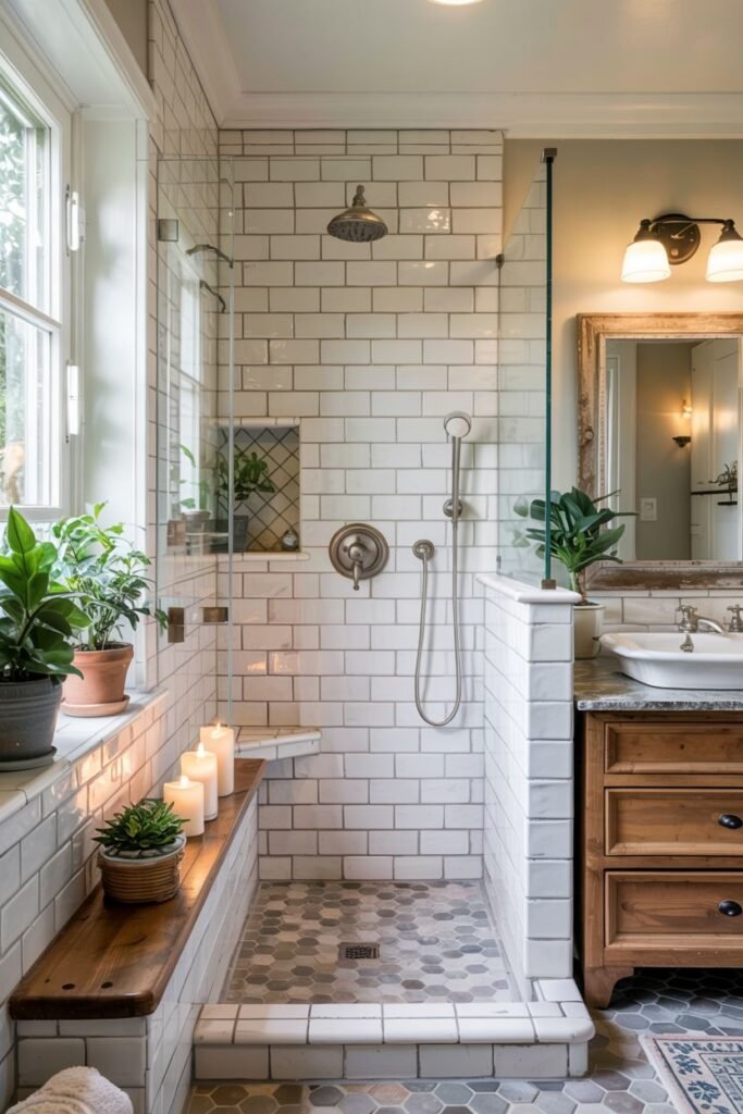 An elegant farmhouse bathroom shower showcasing white subway tile walls, a grey hexagon floor, and a built-in wood-topped bench, with plants adding a fresh touch.