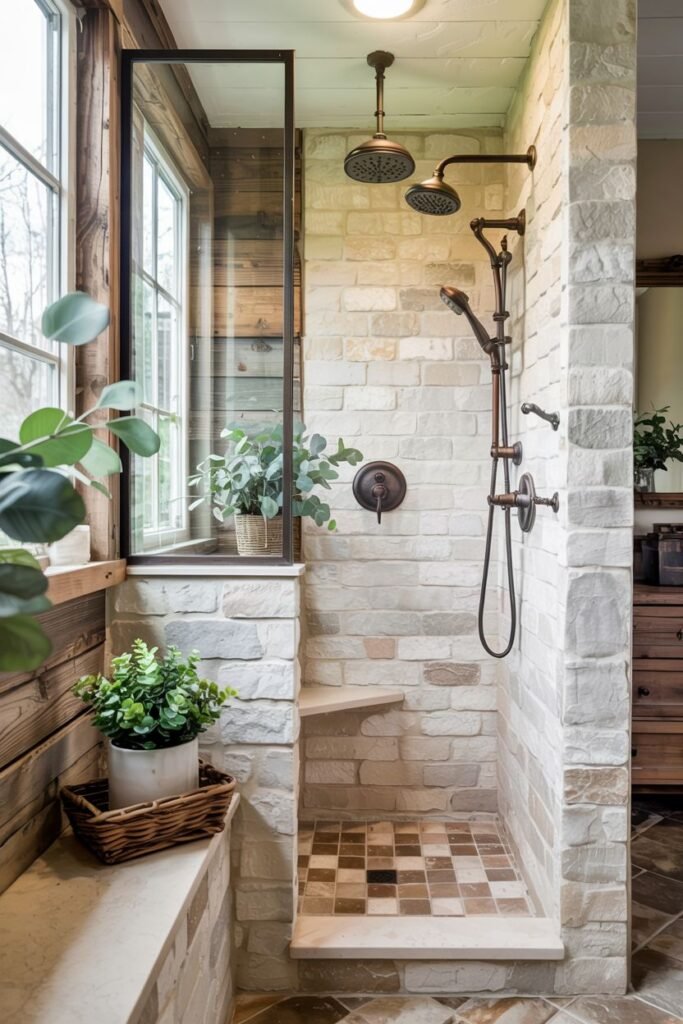 A farmhouse bathroom shower with walls of mixed stone-like tiles, a multi-toned floor, multiple dark bronze fixtures, and a stepped bench, creating an elegant and functional space.