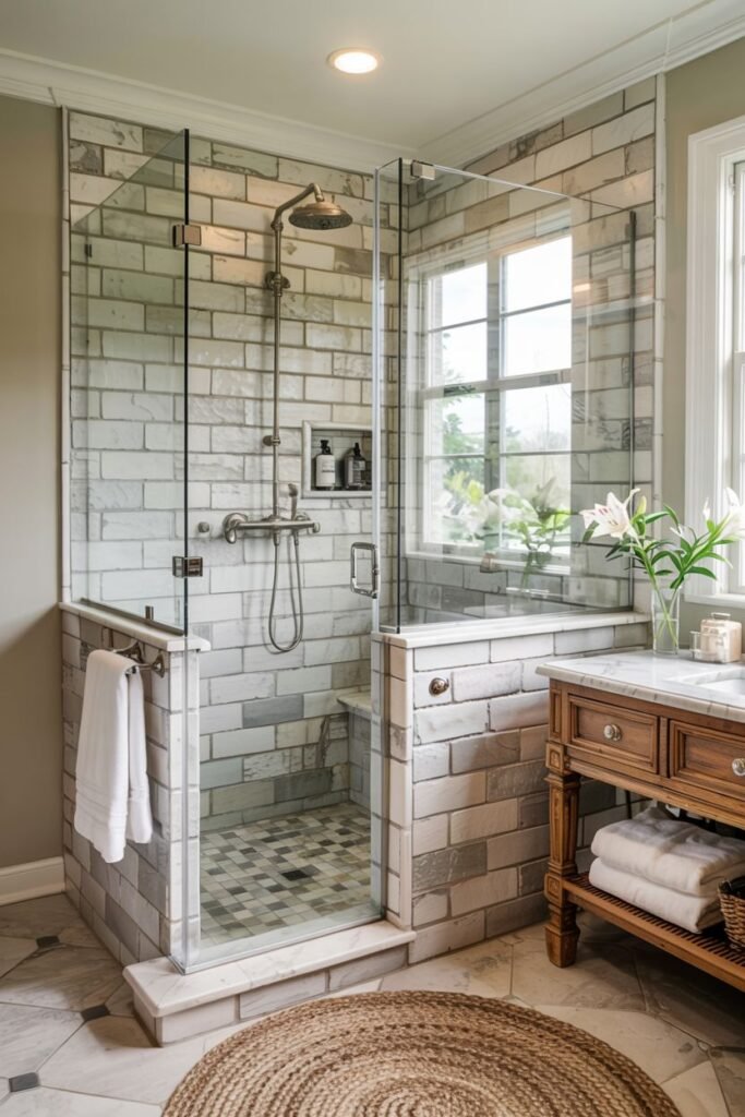 An elegant farmhouse shower with large rectangular marble-look wall tiles and a grey hexagon floor, featuring brushed nickel hardware and a round woven rug in the bathroom.