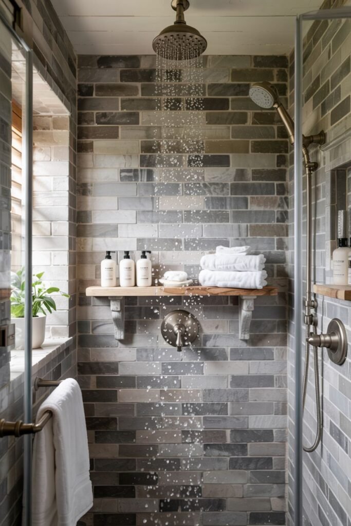 A modern farmhouse shower with horizontal grey brick-style tiles on the walls, a multi-toned floor, brushed nickel fixtures, and a floating wood shelf, adding an elegant touch to the bathroom.