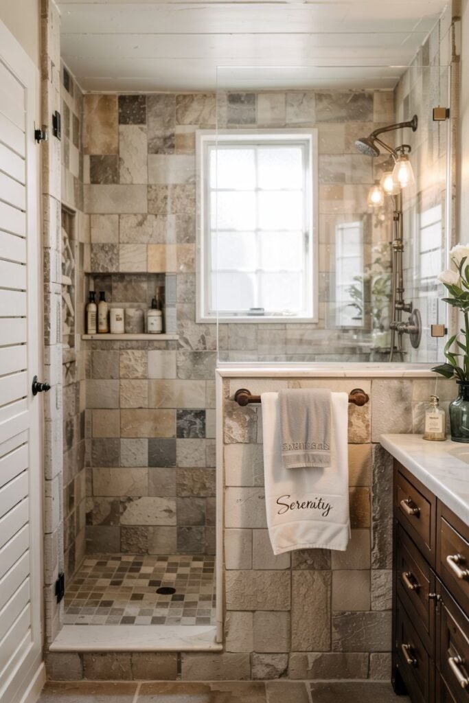 An elegant farmhouse bathroom shower featuring textured stone tile walls and a diamond-patterned floor, with brass fixtures and dark wood cabinetry outside the enclosure.