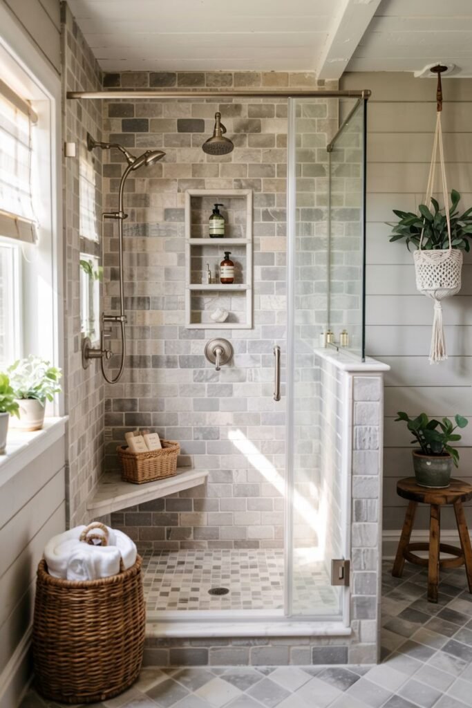 An elegant farmhouse shower with grey brick-style tile walls and a multi-toned hexagon floor, brass hardware, a built-in bench, and a hanging plant, enhancing the bathroom's charm.