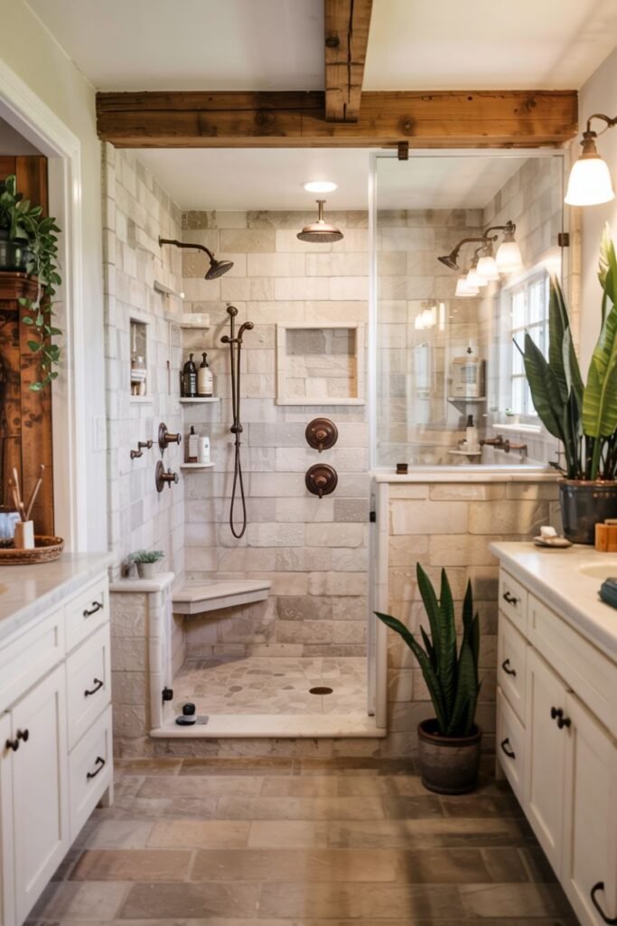 A luxurious elegant farmhouse shower with light rectangular tile walls and a hexagon floor, featuring extensive dark bronze fixtures and exposed wood beams overhead, defining the bathroom space.