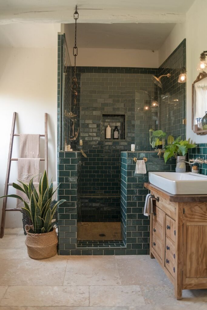 A bold farmhouse bathroom shower enclosed by deep green rectangular tile walls and a small square floor tile, with dark bronze fixtures, offering an elegant and vibrant look.
