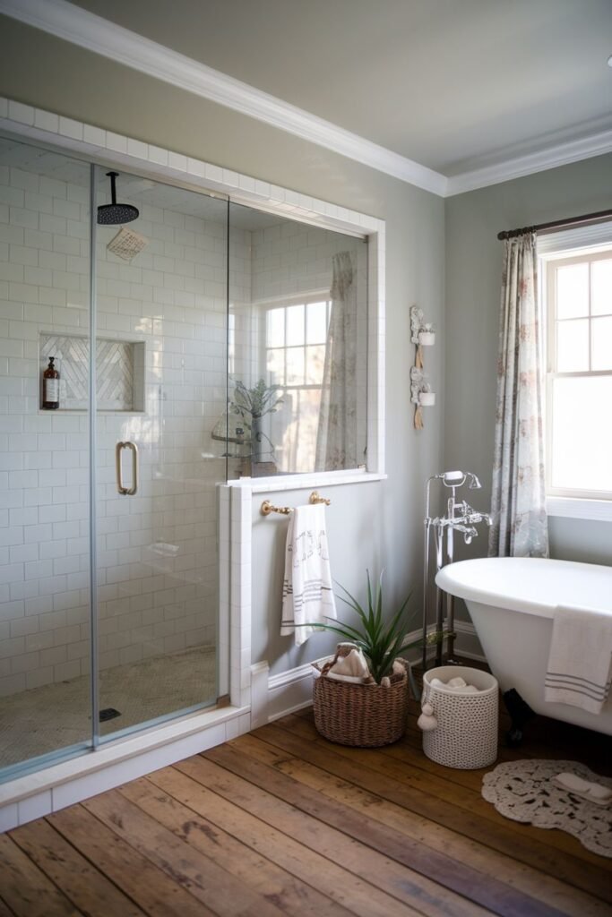 An elegant farmhouse shower with a glass enclosure and white subway tile, set within a bathroom featuring a rustic wood floor and a clawfoot tub.