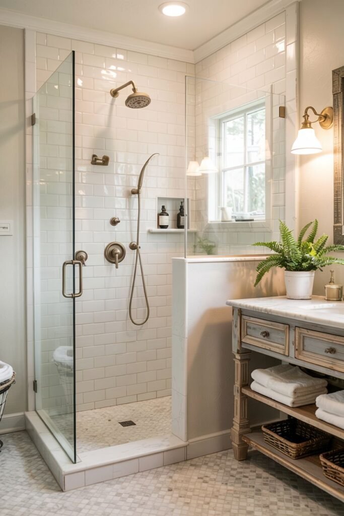 An elegant farmhouse shower enclosed in clear glass, featuring white subway tile walls, a grey hexagon floor, brass fixtures, and a window providing light to the bathroom.