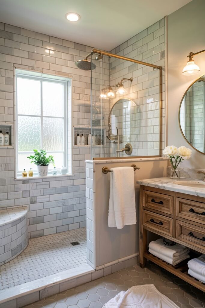 An elegant farmhouse shower in a bathroom with subway tile, hexagon floor tile, a curved built-in bench, and marble accents, completed with brass shower fixtures.