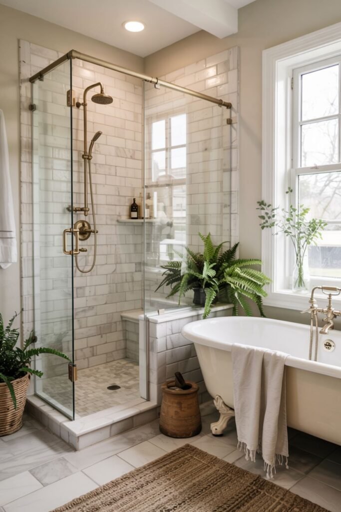 A spacious and elegant farmhouse bathroom shower featuring grey marble wall tile, white hexagon floor tile, brass fixtures, and located next to a classic freestanding tub.