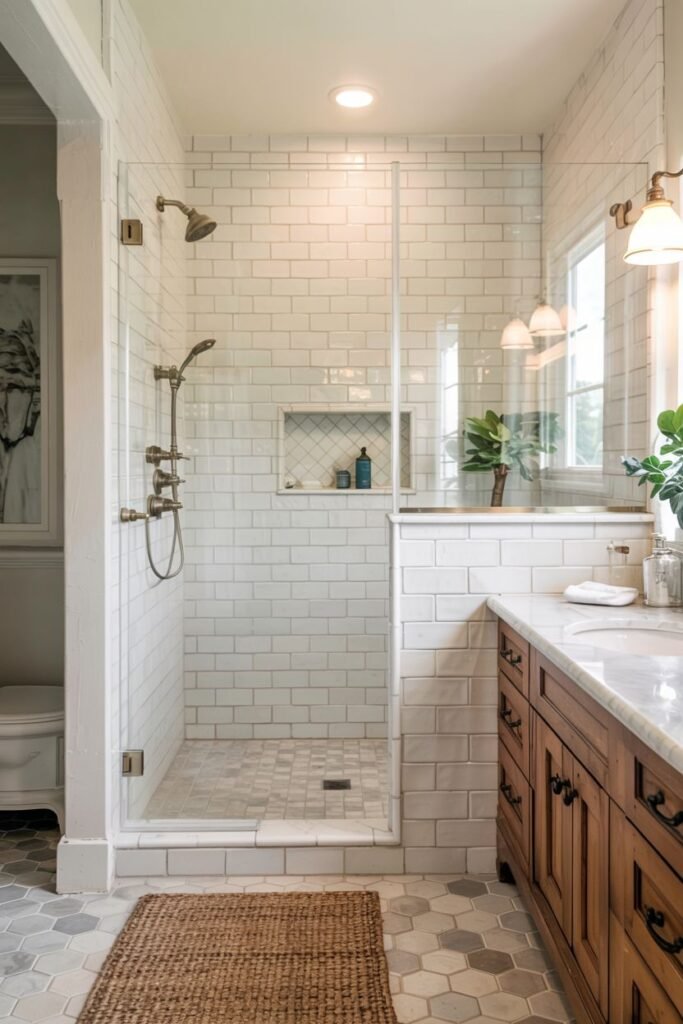 An elegant farmhouse shower with white subway tile walls, a grey hexagon floor, a built-in niche, and brass hardware, part of a bright bathroom.
